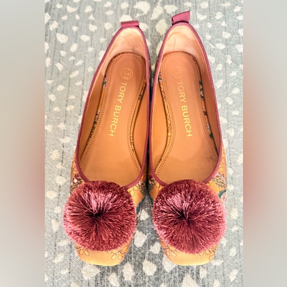 Tory Burch Satin Floral Flats with Burgundy and Gold with Pom - Picture 3 of 9